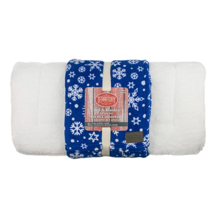 Bed & Blanket Combo - Blue Snowflake Pattern