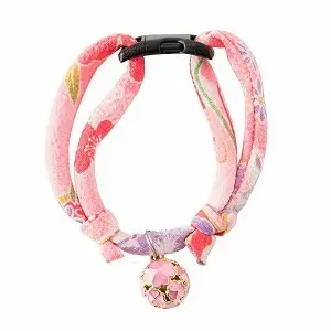 Chirimen Cat Collar with Clover Bell - Pastel Pink