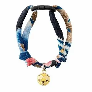 Chirimen Cat Collar with Clover Bell - Navy